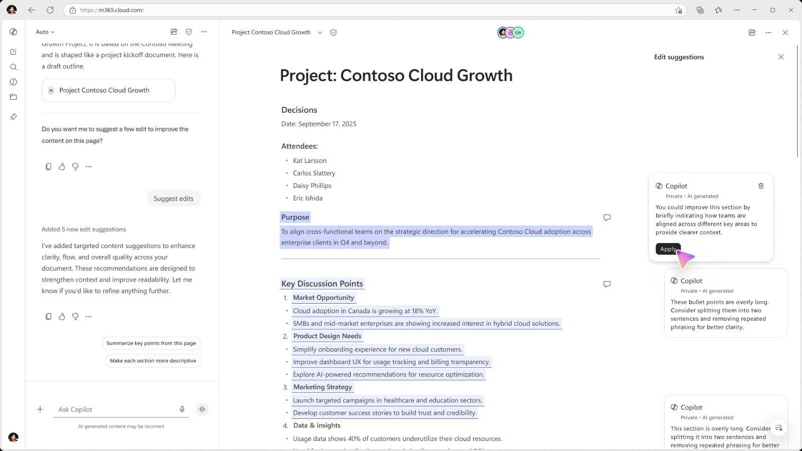Screenshot van Microsoft Copilot die 'Suggested edits' toont in een Microsoft 365-document.
